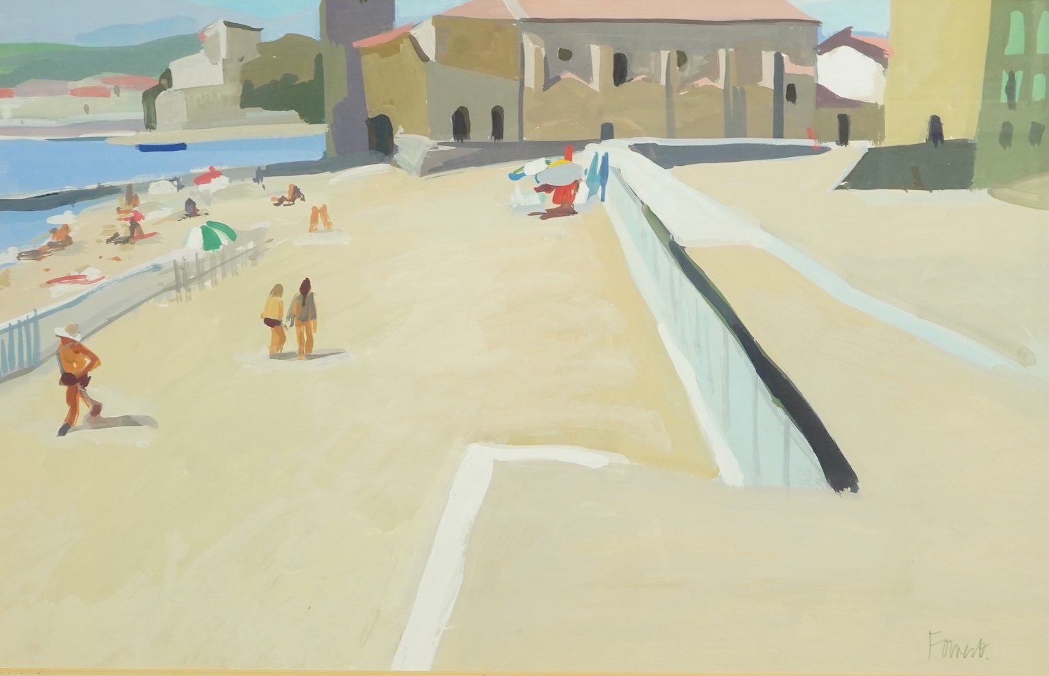 Archie Forrest R.G.I (Scottish, 1950-), Beach scene, Collioure, gouache, 43 x 67cm